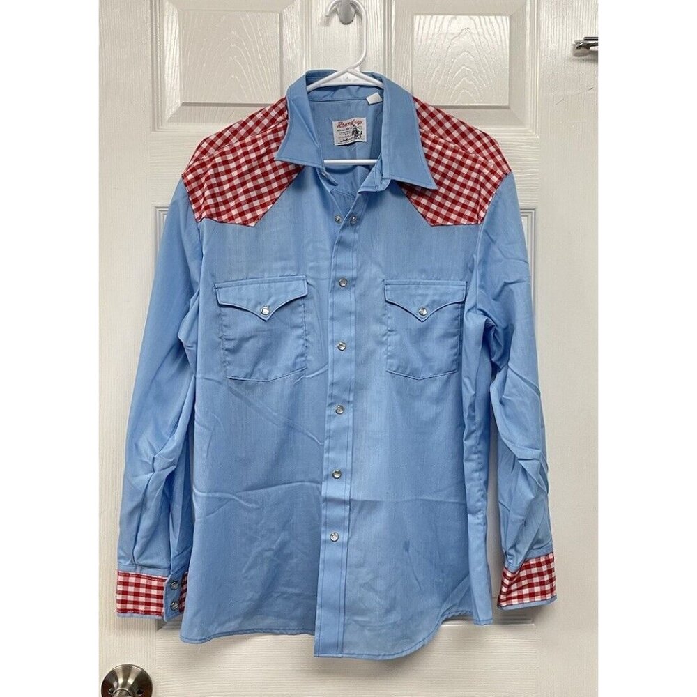VINTAGE Round Up Shirt Men XLarge Blue Plaid Pearl Snap Western Flap Pockets